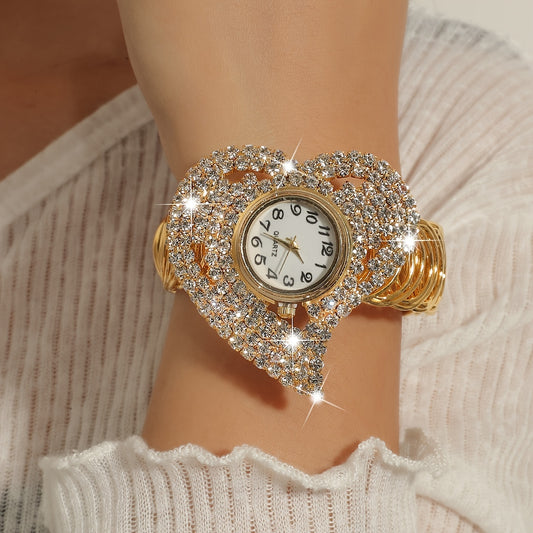 Women Elegant Crystal Bangle Bracelet Heart Shape Dial Analog Quartz Wrist Watch 1pc 