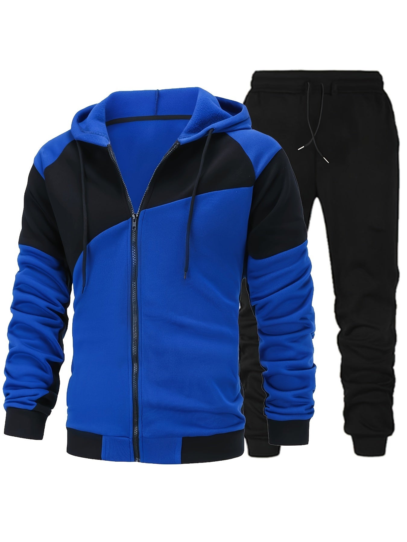 Ensemble De Sport D'automne-hiver Pour Hommes En Deux Pièces, Veste De Sport À Capuche À Fermeture Éclair À Manches Longues À Blocs De Couleur Et Pantalon De Jogging À Cordon Solide