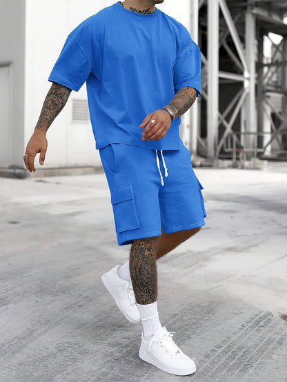 Tenue pour homme, T-shirt décontracté uni à col rond et manches courtes, short à cordon avec plusieurs poches, ensemble 2 pièces pour les activités de plein air en été