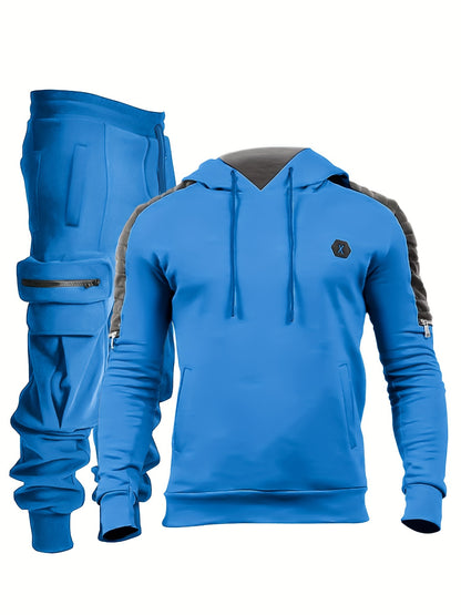 Ensemble 2 pièces décontracté pour hommes, avec sweat à capuche de sport ultra-stretch et pantalon de jogging multi-poches, ensemble assorti pour l'entraînement et la musculation