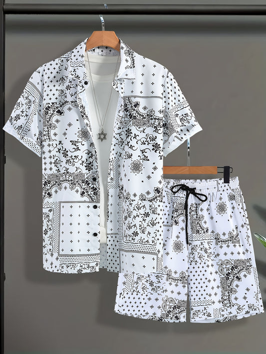 Ensemble d'été 2 pièces pour homme à motif cachemire imprimé sur tout le vêtement, haut chemise à manches courtes boutonnée avec revers et short à cordon avec poches pour un usage quotidien décontracté