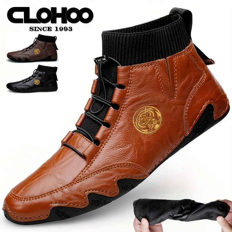 CLOHOO Bottes décontractées faites à la main avec bande élastique et semelles intérieures résistantes à l'usure pour hommes, chaussures pour hommes noires / marron clair / blanches pour les activités quotidiennes