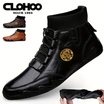 CLOHOO Bottes décontractées faites à la main avec bande élastique et semelles intérieures résistantes à l'usure pour hommes, chaussures pour hommes noires / marron clair / blanches pour les activités quotidiennes