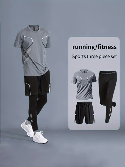 Ensemble 3 pièces de vêtements de sport pour hommes - Tenue de course et de fitness à séchage rapide, équipement de sport en polyester pour l'extérieur et l'entraînement avec pantalon à cordon de serrage et leggings de compression