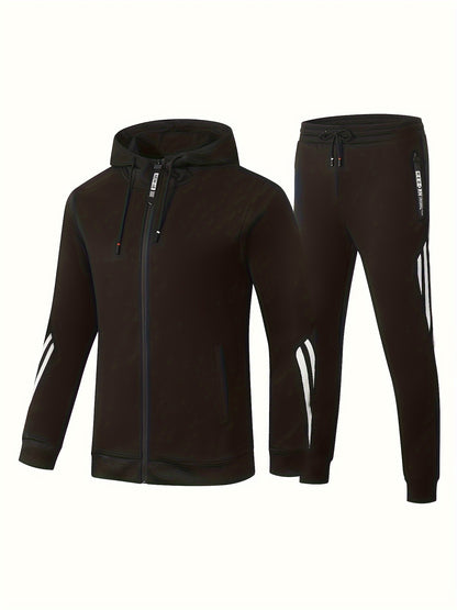 Ensemble sweat à capuche et jogging athlétique pour hommes, vêtements de sport, design à blocs de couleurs à manches longues à capuche, fermeture éclair