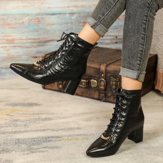 Women's Elegant Solid Color Boots, Pointed Toe Chunky Heel Lace-up Metal Chain Chelsea Boots, Autumn 