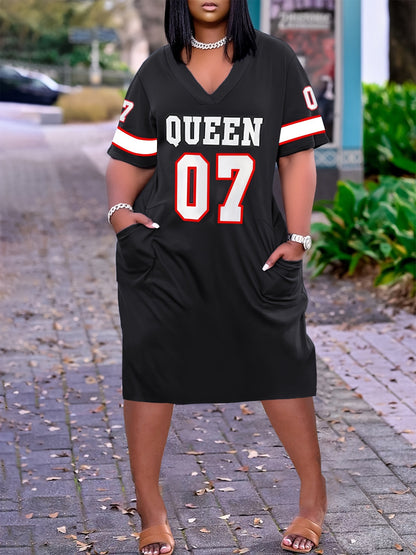 Plus Size Printed Dress With Numbers And Letters, Casual V-Neck Short Sleeve Dress, Plus Size Clothing For Women 