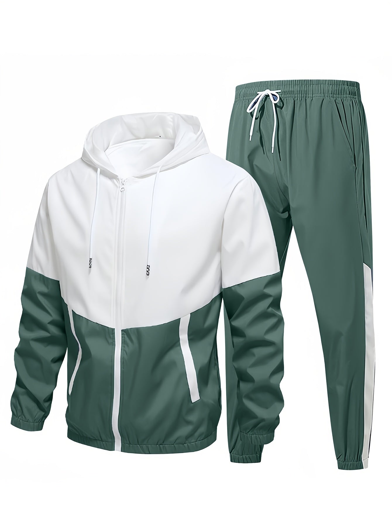 Ensemble de sport 2 pièces pour hommes, veste à capuche de couleur contrastée et pantalon de sport uni, ensemble décontracté et tendance pour l'extérieur et les vêtements de sport