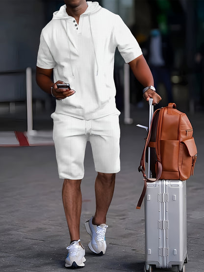 Ensemble décontracté d'été pour homme, t-shirt à manches courtes à capuche et cordon de serrage de couleur unie et short à taille élastique, 2 pièces