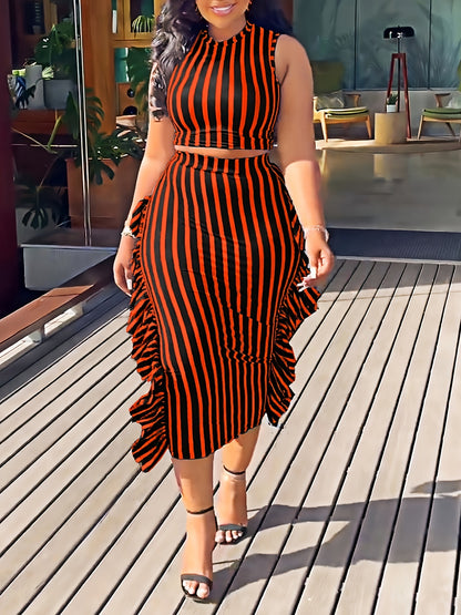 Striped Holiday Skirt Set, Cropped Tank Top and Ruffle Bodycon Midi Skirt, Women Clothing 