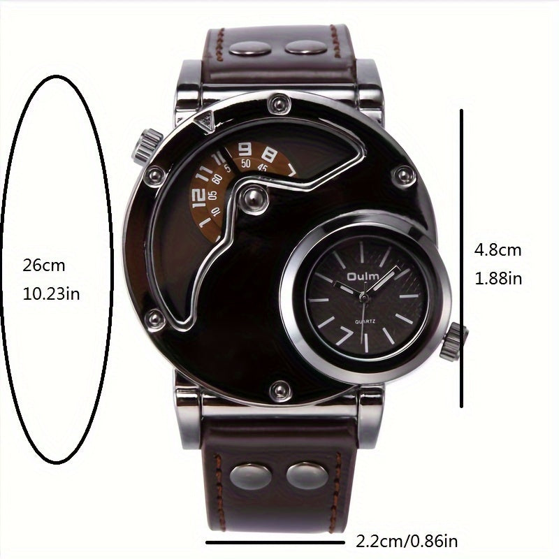 Oulm Unique Double fuseau horaire sport montre à quartz mâle horloge décontracté en cuir PU montre-bracelet militaire montres pour hommes, choix idéal pour les cadeaux