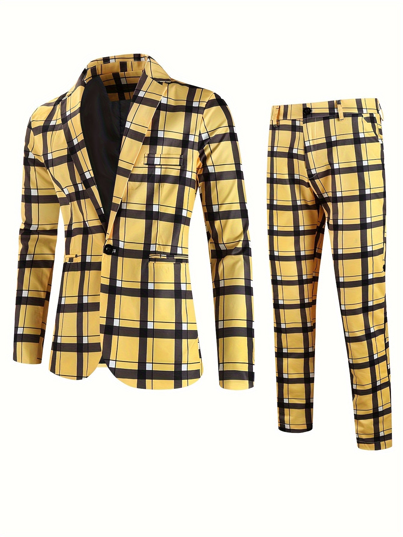 Costume deux pièces pour homme à motif écossais, blazer à revers crantés et pantalon de ville, costume décontracté et tendance pour les fêtes et les tenues décontractées.