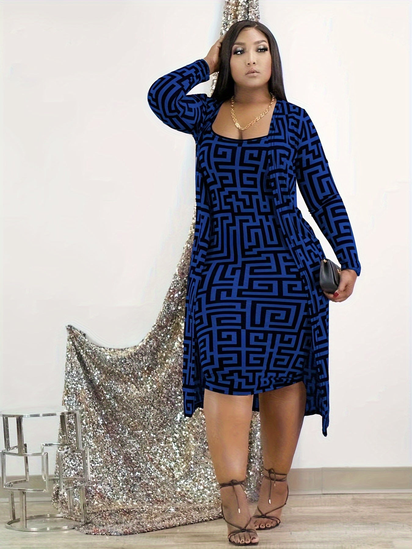 Casual All Over Print Two Piece Set, Open Front Long Sleeve Cardigan and Sleeveless Bodycon Dress, Women Clothing 