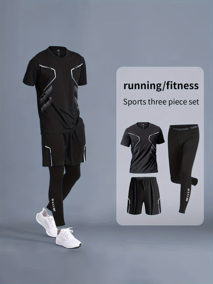 Ensemble 3 pièces de vêtements de sport pour hommes - Tenue de course et de fitness à séchage rapide, équipement de sport en polyester pour l'extérieur et l'entraînement avec pantalon à cordon de serrage et leggings de compression