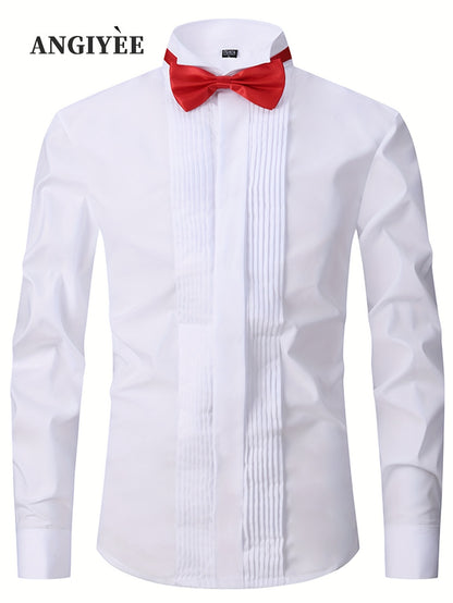 Chemise plissée de couleur unie pour homme, chemise à col montant à manches longues à simple boutonnage avec nœud papillon gratuit et boutons de manchette aléatoires, mode classique pour banquet et tenue de soirée de mariage