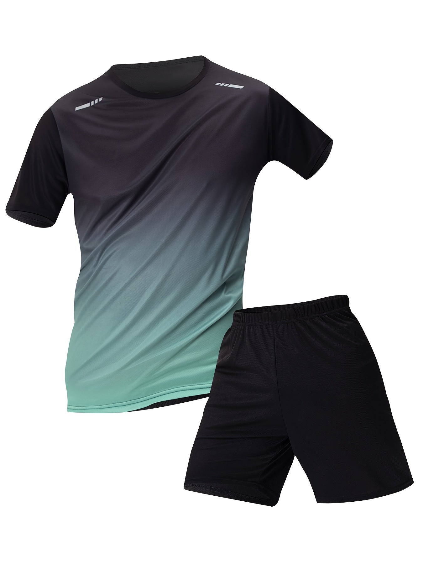 Ensemble de sport 2 pièces pour hommes, comprenant un haut à manches courtes et un short, respirant et à séchage rapide, couleur dégradée, coupe standard.