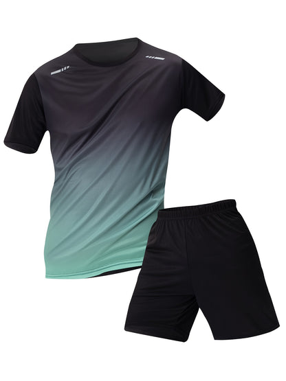 Ensemble de sport 2 pièces pour hommes, comprenant un haut à manches courtes et un short, respirant et à séchage rapide, couleur dégradée, coupe standard.