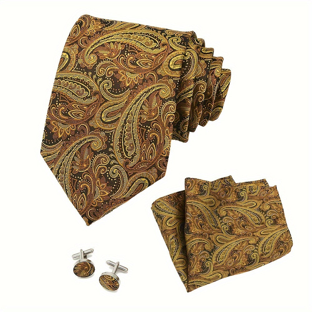 Ensemble cravate, pochette et boutons de manchette Paisley pour homme - Élégant ensemble 3 pièces, polyester, tissu tissé, mode classique pour les mariages, les fêtes, les événements professionnels