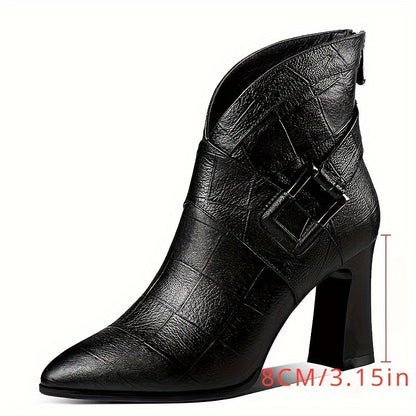 Women's Elegant Black Pointed Toe Ankle Boots - Chic Mid Heel, Side Zipper, Faux Leather with Rubber Sole 