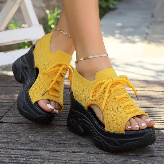 Women Solid Color Platform Sandals Lace Up Slingback Knit Shoes Cofmy Trendy Wedge Shoes 