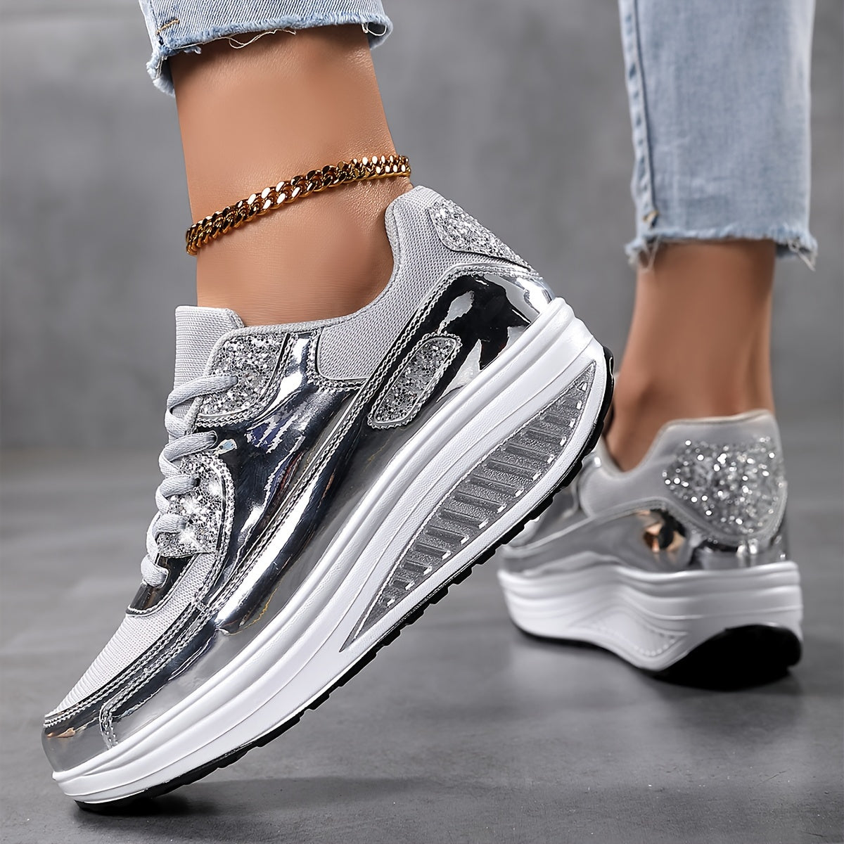 Women's Breathable Sports Sneakers with Lace-Up, Chunky Sole with Shiny Accents, Low Top Glitter Walking Shoes 