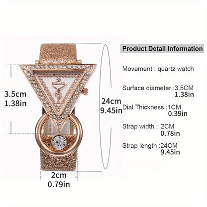 Triangle Rhinestone Quartz Watches with Faux Leather Strap, Alloy Hands and Alloy Dial, Gifts for Women.