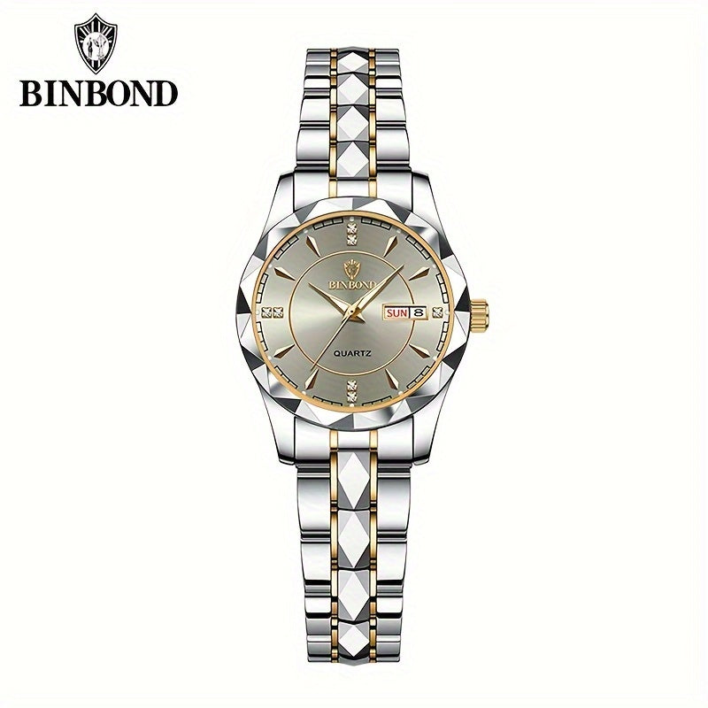 BINBOND Women Stainless Steel Watch Cutout Dial Luxury Rhinestone Quartz Watch Retro Style Analog Luminous WR 