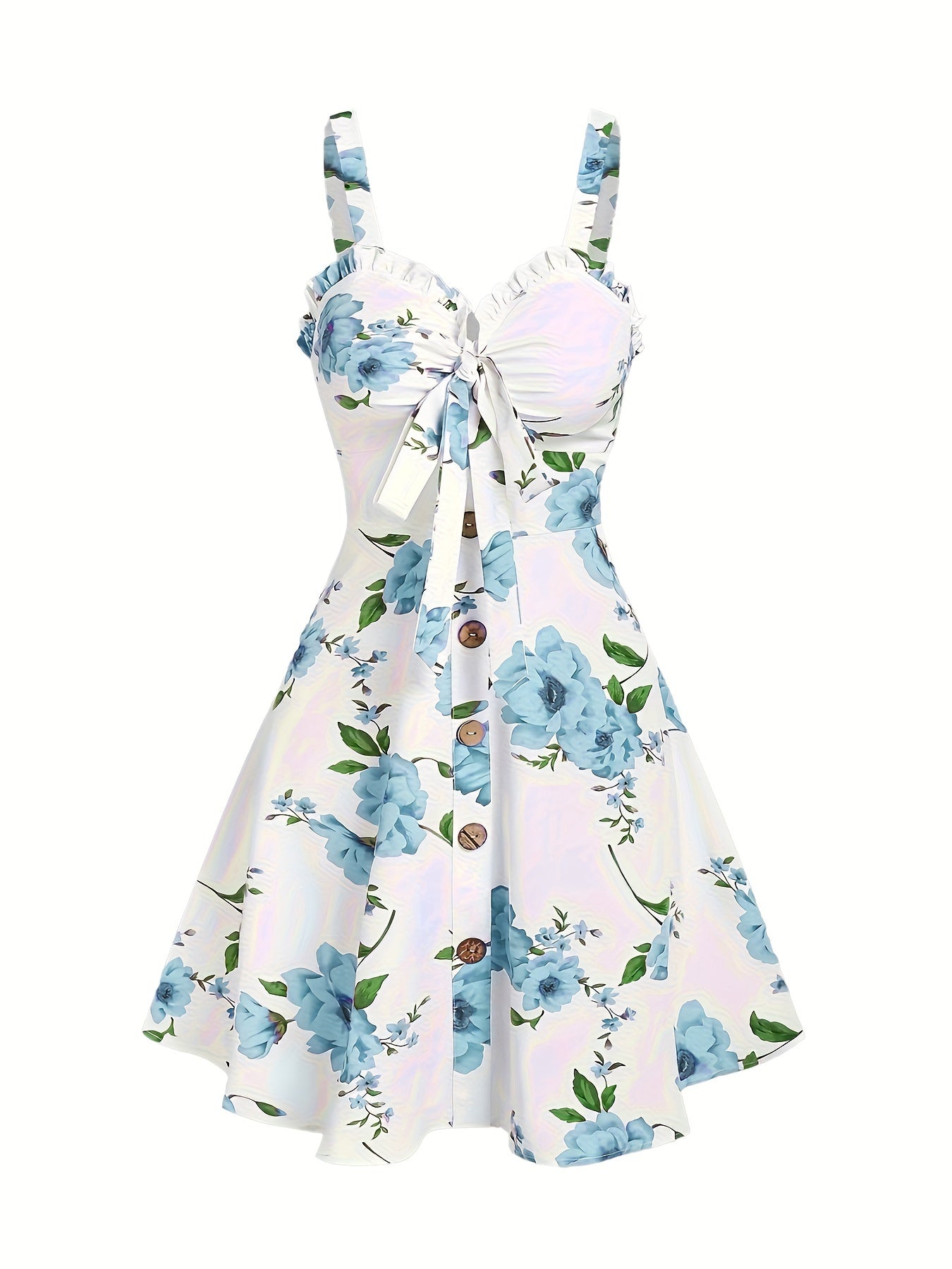 Floral Print Tank Dress with Ruffle Trim, Elegant Button Front Ruched A-Line Dress for Spring Summer, Women's Clothing. 