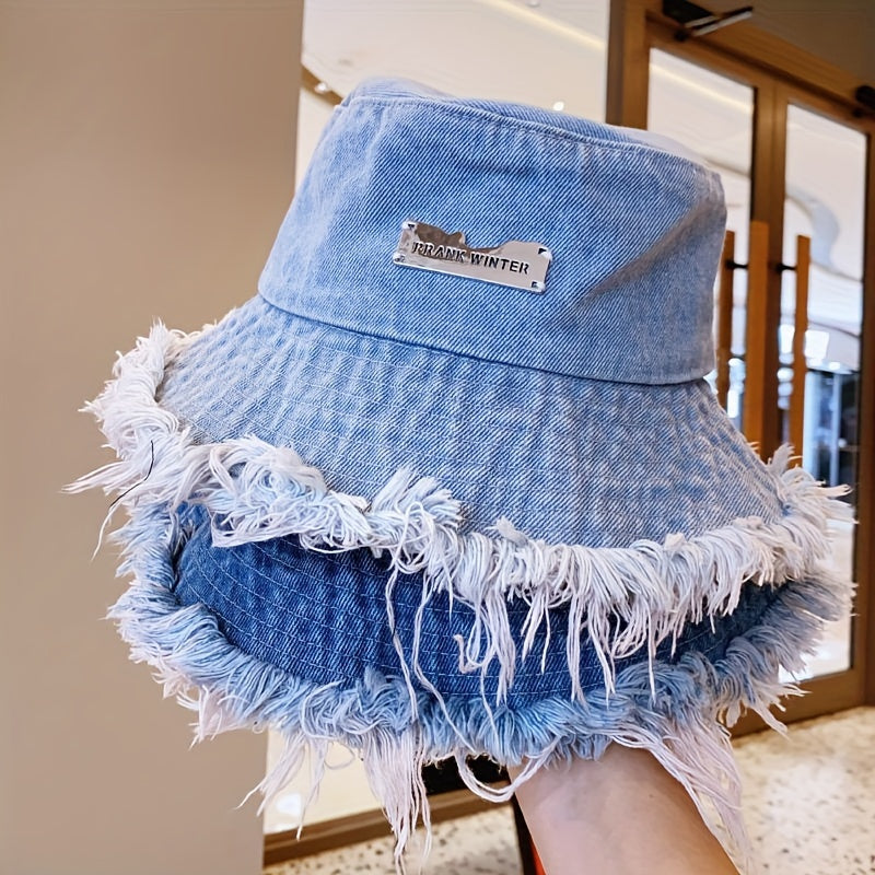 Chapeau seau en Denim à ourlet brut, étiquette de lettre, chapeaux de bassin, chapeaux de pêcheur légers et polyvalents élégants