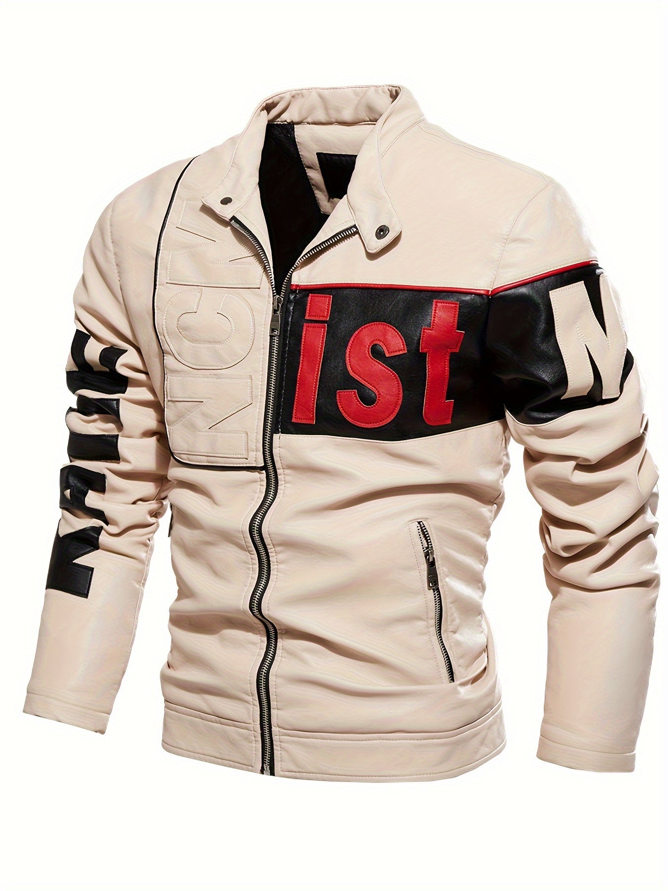 Lettre pour hommes Motif Color Blocking Manches longues Col montant Veste en cuir PU - Manteau zippé Varsity Vêtements de sport de plein air