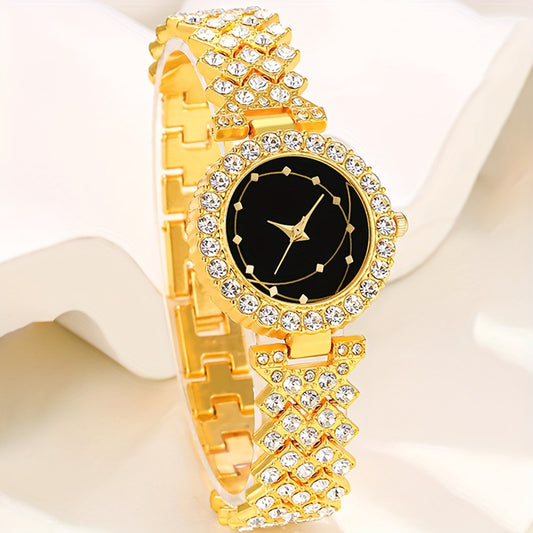 6 Pcs Women Gold Rhinestone Quartz Watches Alloy Bracelet with Jewelry Set Gift for Her Mom Girlfriend Eid Gifts 