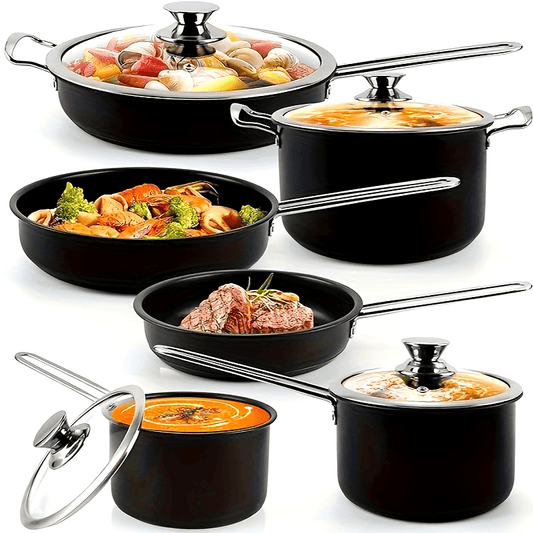 Ensemble de 10 casseroles et poêles, Batterie de cuisine antiadhésive avec poignées en acier inoxydable qui restent froides, Lavable au lave-vaisselle, Noir