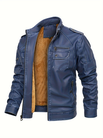 Veste en cuir PU style vintage pour homme - Manteau de motocyclisme softshell à manches longues et col montant avec poches - Vêtement décontracté de couleur unie non extensible - Extérieur en polyuréthane et doublure en polyester - Mode automne/hiver