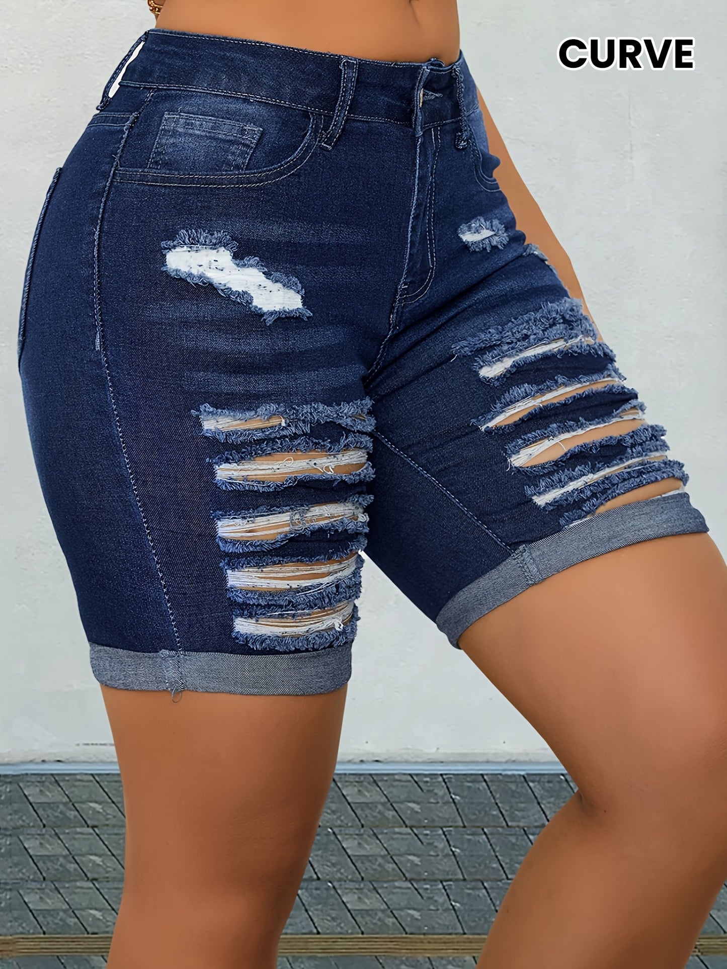 Ripped Rolled Hem Denim Shorts, Ripped Pocket Denim Shorts, Women's Denim Jeans &amp; Clothing 