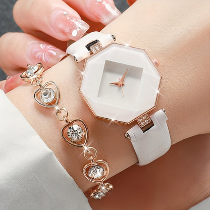 Ladies White Leather Watch with Rose Gold Accents and 4 Piece Jewelry Set 