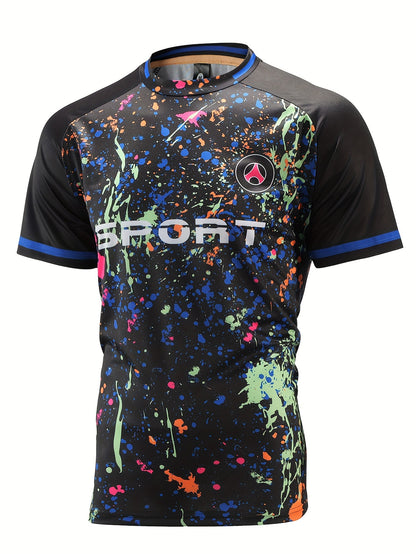 Ensemble de football pour homme, maillot de football à manches courtes avec imprimé graffiti et short actif à cordon de serrage à rayures, 2 pièces pour l'entraînement et la compétition de football.