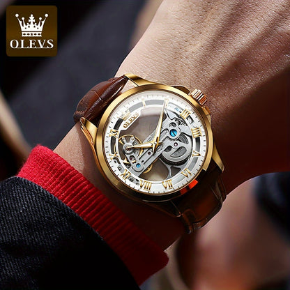 OLEVS Brand Luxury Skeleton Automatic Mechanical Watches for Men Genuine Leather Strap Waterproof Luminous Wristwatches for Men High Quality Fashion Watches for Business Men. 