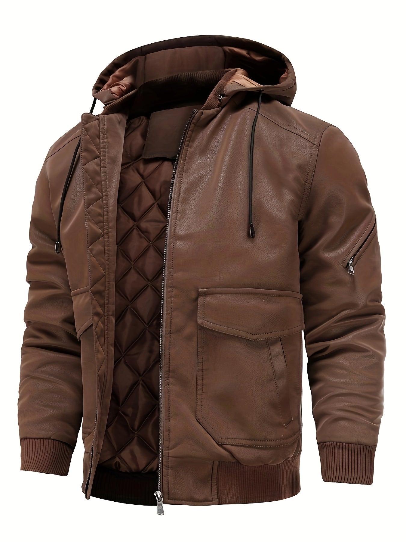 Blouson À Capuche En Cuir Pu Pour Hommes, Veste Bombardier Chaude Imperméable Et Coupe-vent Pour L'automne Et L'hiver