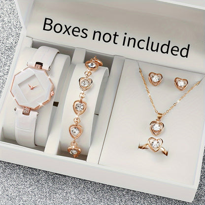 Ladies White Leather Watch with Rose Gold Accents and 4 Piece Jewelry Set 