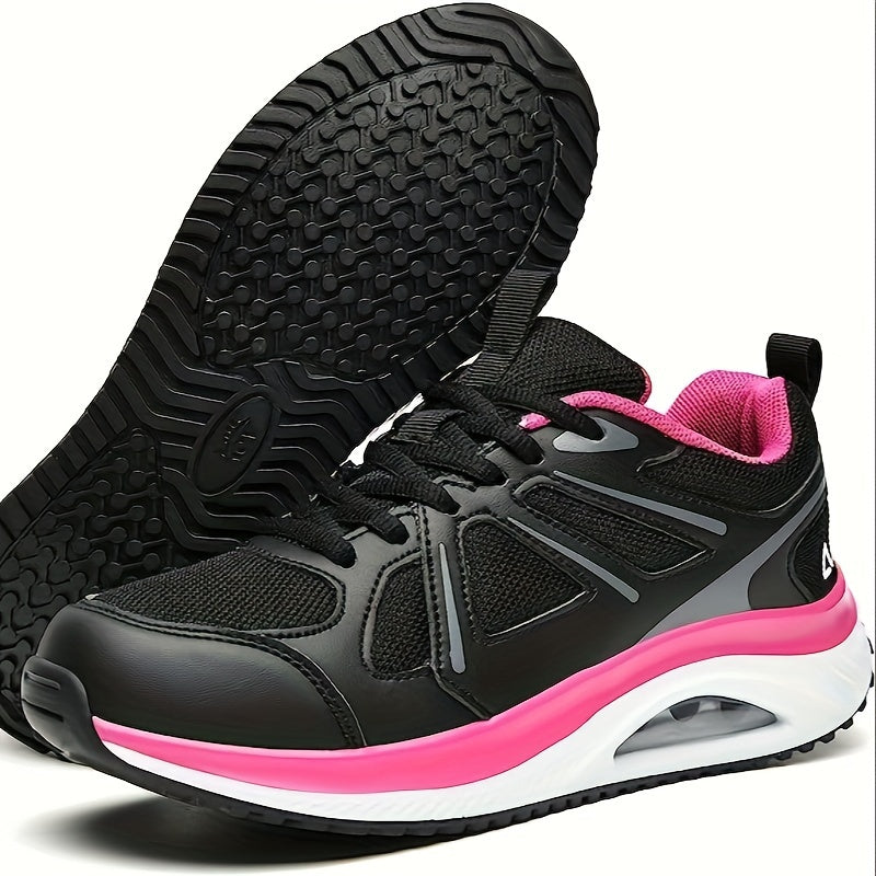 Baskets mode pour femmes, chaussures de course décontractées avec coussin d'air, talon compensé, chaussures de sport confortables, design noir et rose