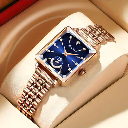 Montre-bracelet En Acier Inoxydable De Luxe Avec Cadran Carré Pour Femmes, Coupe De Quartz, Lune Et Soleil En Strass À La Mode