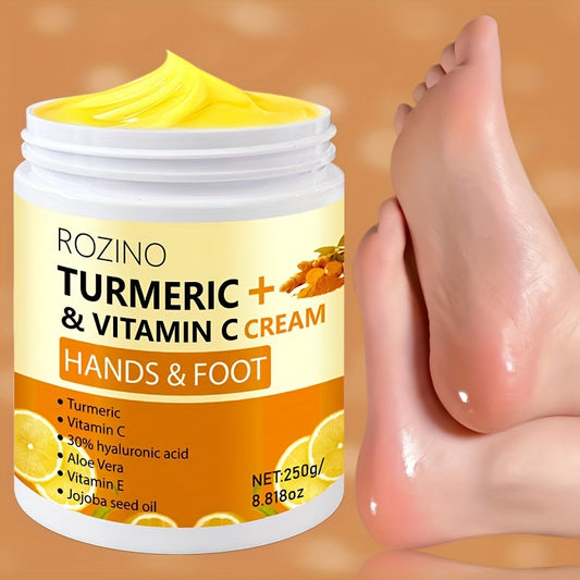 Crème pour les mains et les pieds ROZINO au curcuma et à la vitamine C, 250 g - Crème hydratante hypoallergénique à absorption rapide pour les peaux sèches avec glycérine, vitamine C, acide hyaluronique, aloe vera, pour tous les types de peau