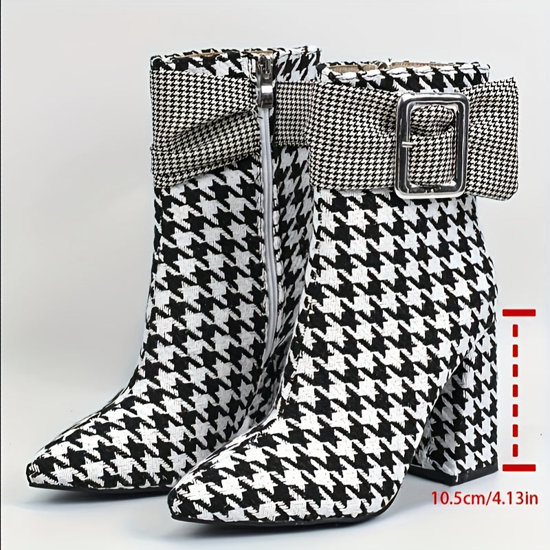 Women's Houndstooth Plaid Ankle Boots, Fashion Pointed Toe Buckle Ankle Boots, High Heel Short Booties with Side Zipper 