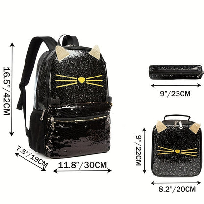 3Pcs Sac à dos Chat Noir 17 Pouces Ensemble Trois Pièces avec Trousse et Sac à Déjeuner