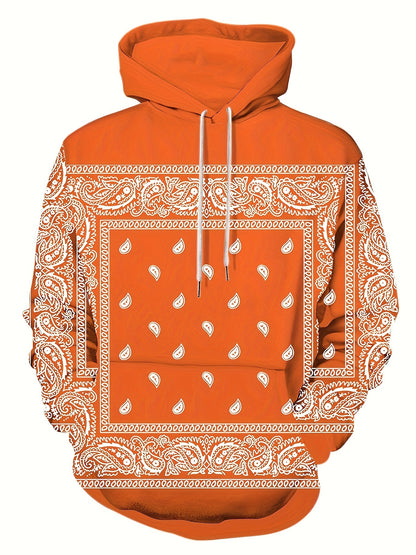 Sweat À Capuche Rétro Imprimé Bandana, Sweats À Capuche Cool Pour Hommes, Sweat-shirt À Capuche Décontracté Au Design Graphique Pour Hommes Avec Poche Kangourou, Streetwear Pour L'hiver Et L'automne, Comme Cadeaux