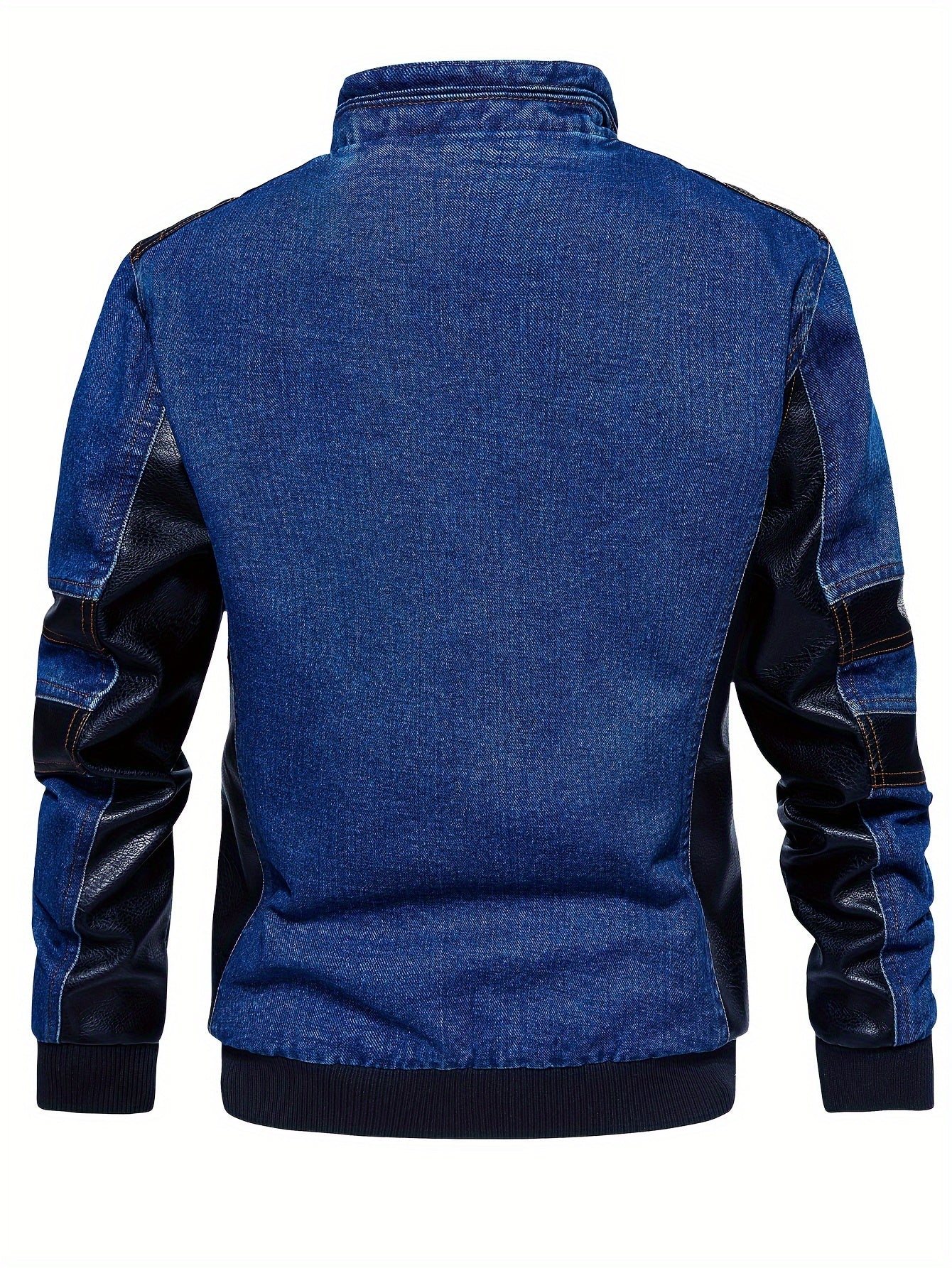 Veste À Fermeture Éclair À Manches Longues En PU Et Denim Pour Homme, Avec Col Montant Et Multi-poches, Veste De Moto Pour Homme