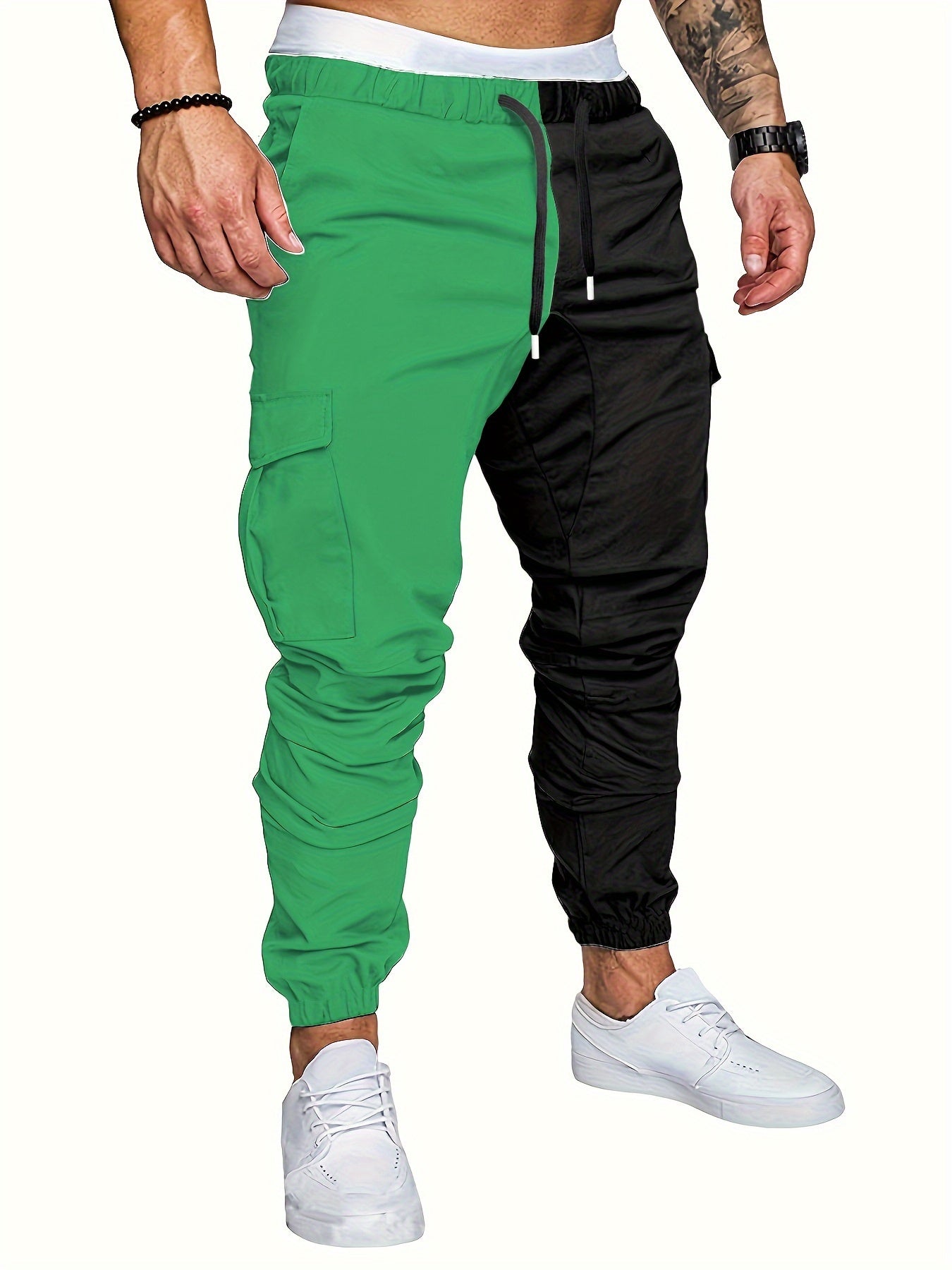 Pantalon Fuselé À Poches À Rabat Avec Blocs De Couleurs, Pantalon Cargo Décontracté À Taille Élastique Avec Cordon De Serrage Pour Hommes Pour Le Printemps Et L'automne