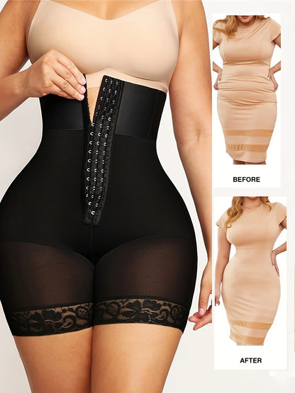 1pc Solid Floral Lace Contrast High Taille Front Buckle Shaping Shorts, Tummy Control Butt Lifting Shorts, Sous-vêtements et Shapewear pour femmes