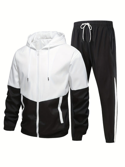 Ensemble de sport 2 pièces pour hommes, veste à capuche de couleur contrastée et pantalon de sport uni, ensemble décontracté et tendance pour l'extérieur et les vêtements de sport