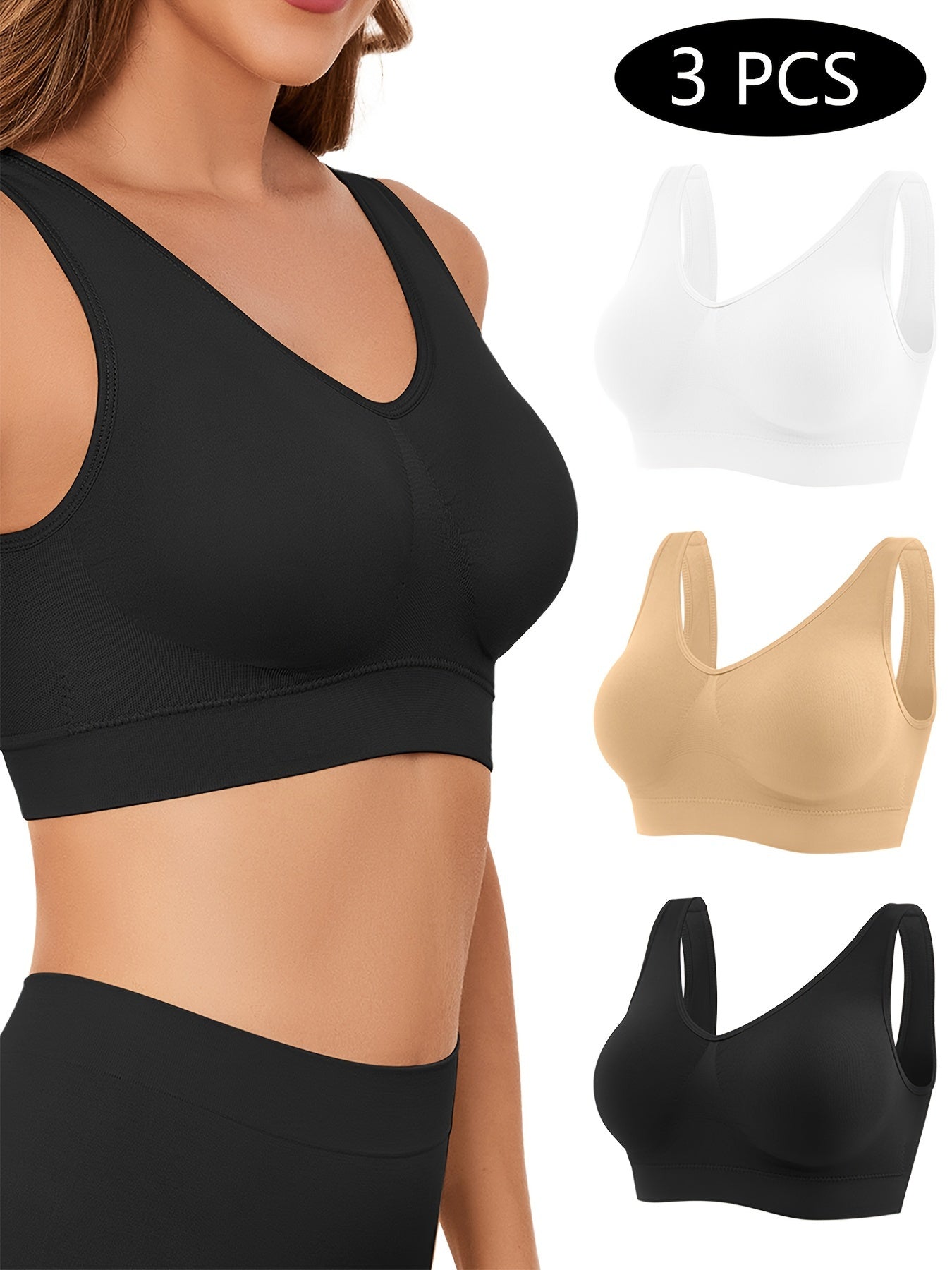 3 Pack Seamless Sports Bras for Women, Wireless Bras for Low Impact Athletic Activities, Comfortable Bras for Sleeping with Removable Pads 